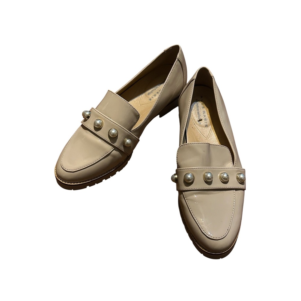 Alex Marie Beige Patent Pearl Embellished Loafers Womens 8.5M Flat Shoes